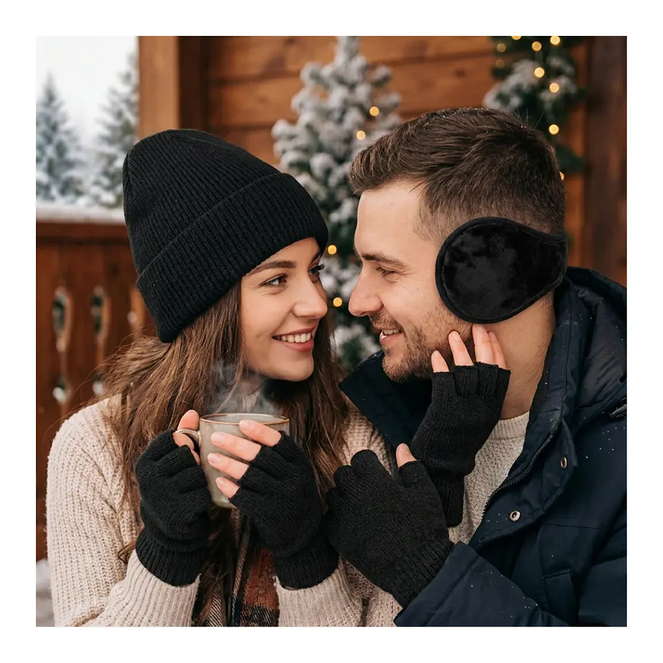 Gorro Beanie + Guantes De Lana Sin Dedos + Orejera Polar 7