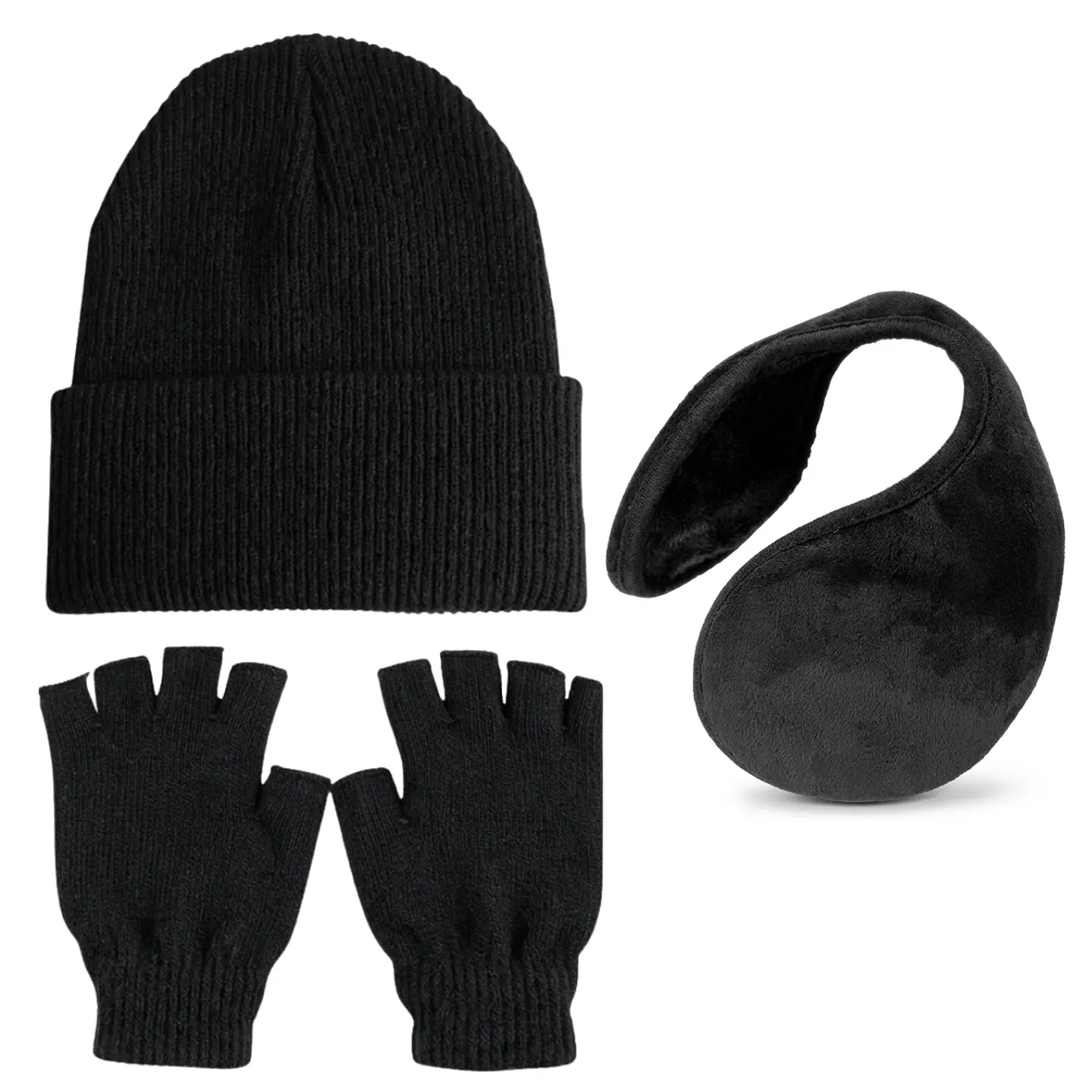 Gorro Beanie + Guantes De Lana Sin Dedos + Orejera Polar 5
