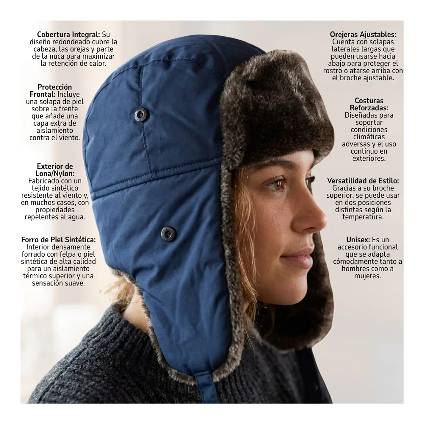 Gorro ruso ushanka unisex de lona con orejeras, térmico de invierno 10