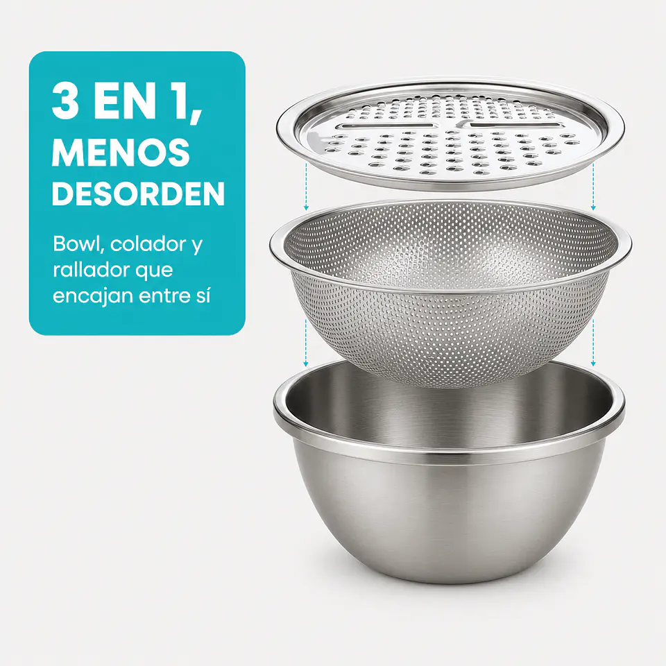Set 3 piezas de cocina: bowl, colador y rallador multifuncional 3