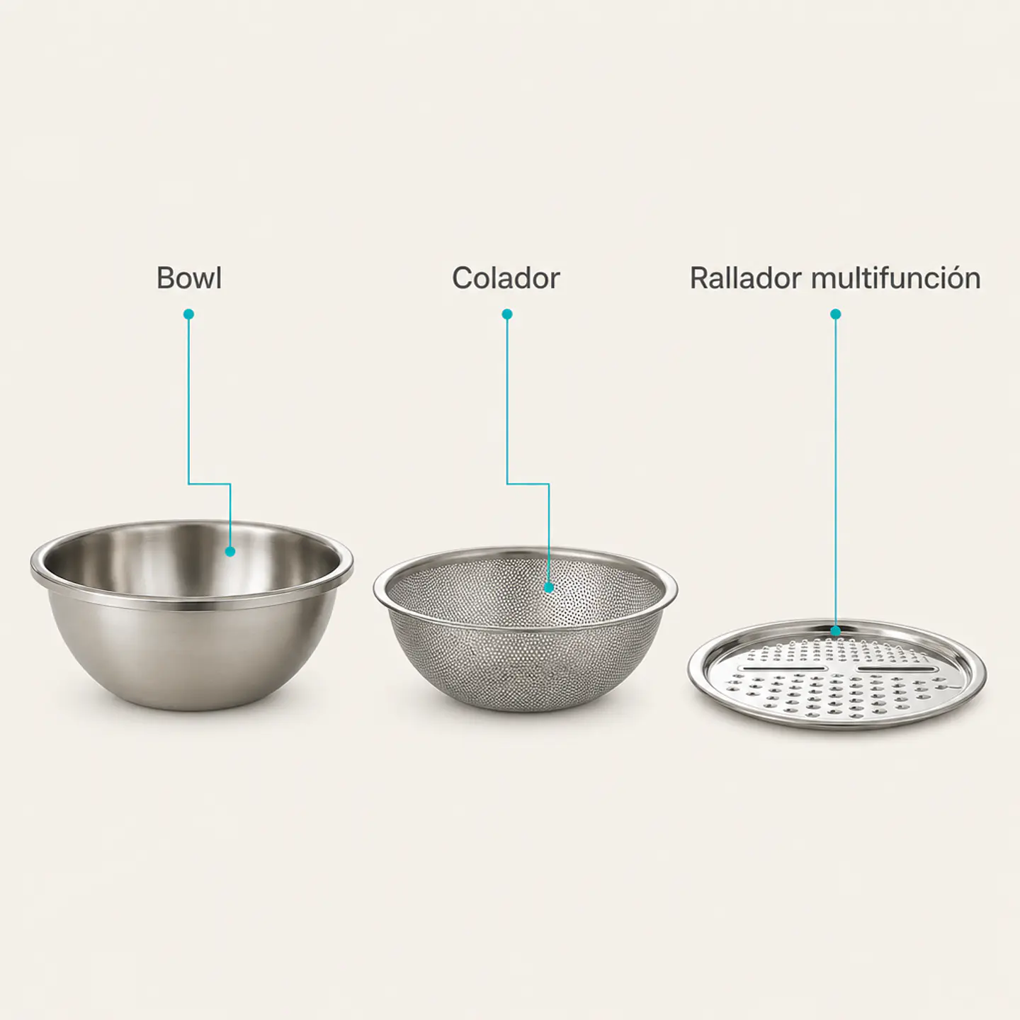 Set 3 piezas de cocina: bowl, colador y rallador multifuncional 4