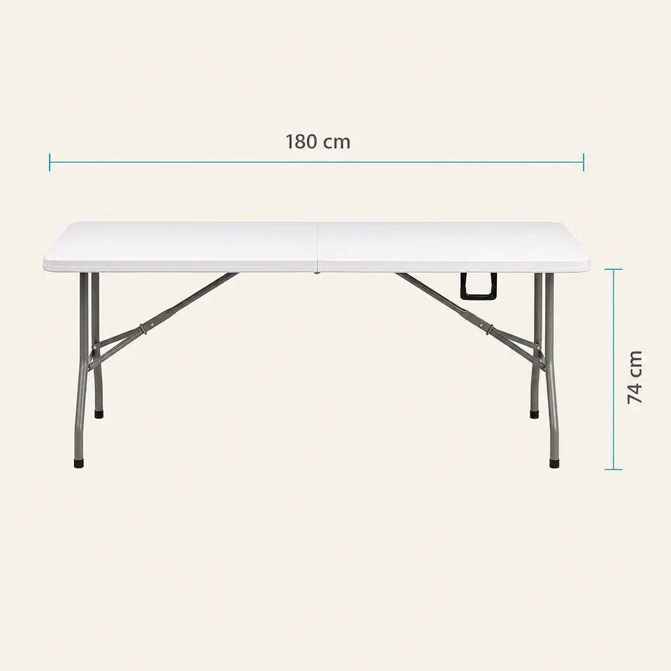 Mesa plegable de camping 180x74 cm portátil, plástico resistente blanca 4