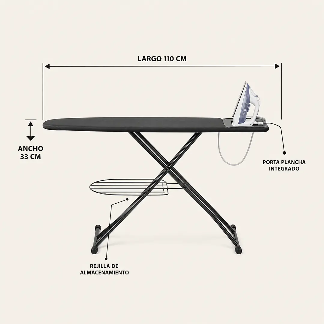 Tabla de planchar negra con rejilla de almacenamiento, altura regulable y porta plancha 6
