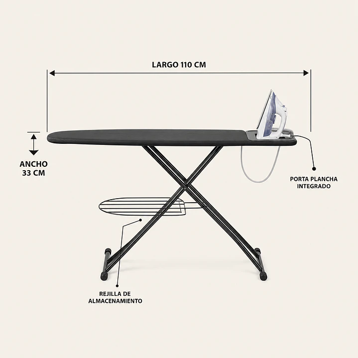 Tabla de planchar negra con rejilla de almacenamiento, altura regulable y porta plancha 6