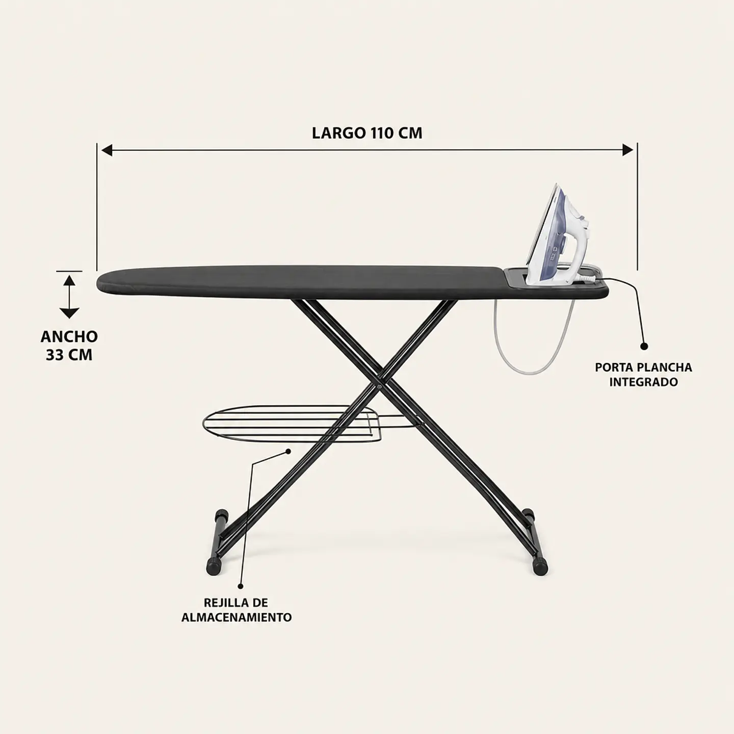 Tabla de Planchar con Rejilla de Almacenamiento, funda desmontable, porta plancha y altura regulable 5