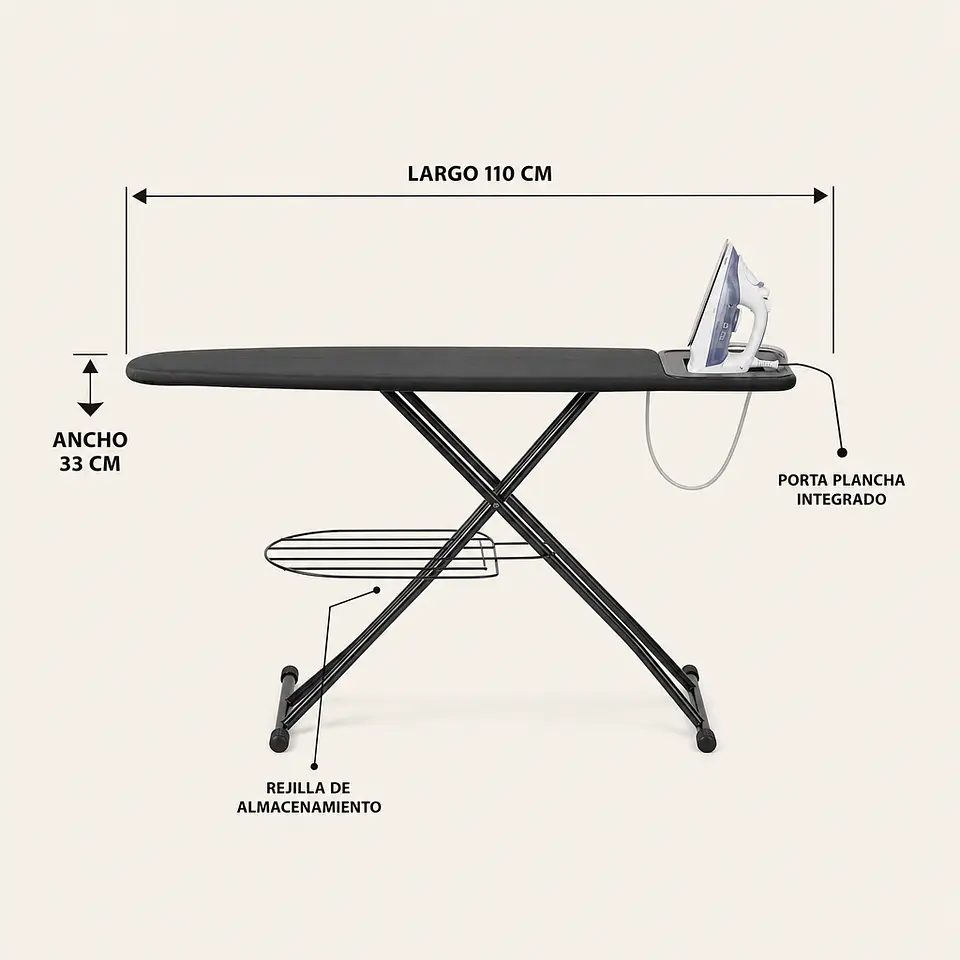 Tabla de Planchar con Rejilla de Almacenamiento, funda desmontable, porta plancha y altura regulable 5