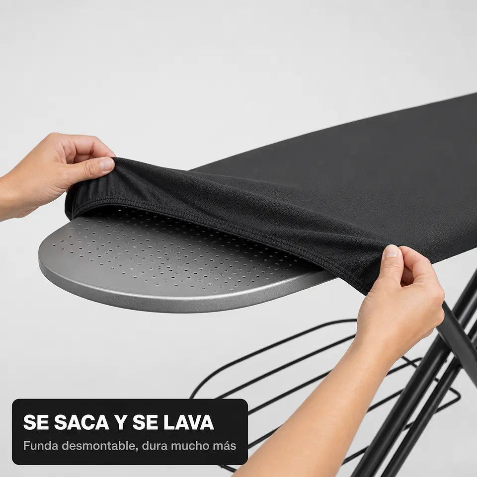 Tabla de Planchar con Rejilla de Almacenamiento, funda desmontable, porta plancha y altura regulable 4