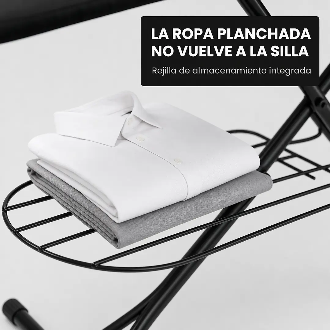 Tabla de planchar negra con rejilla de almacenamiento, altura regulable y porta plancha 3