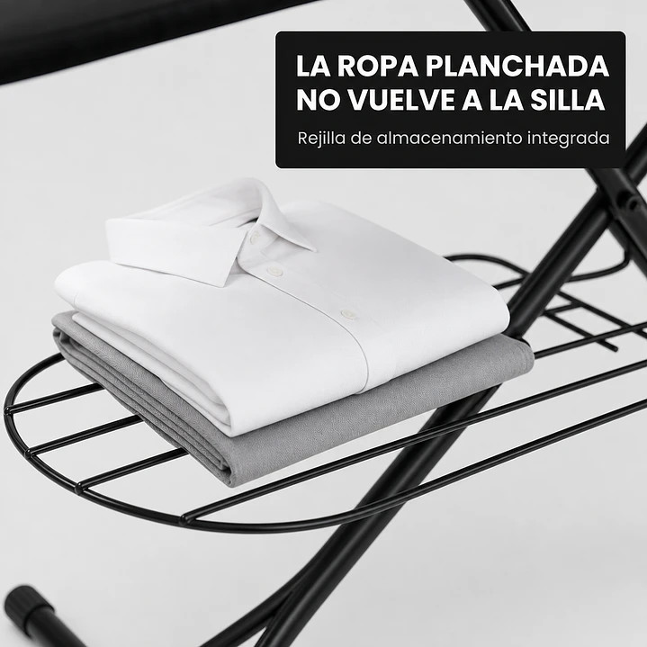 Tabla de planchar negra con rejilla de almacenamiento, altura regulable y porta plancha 3
