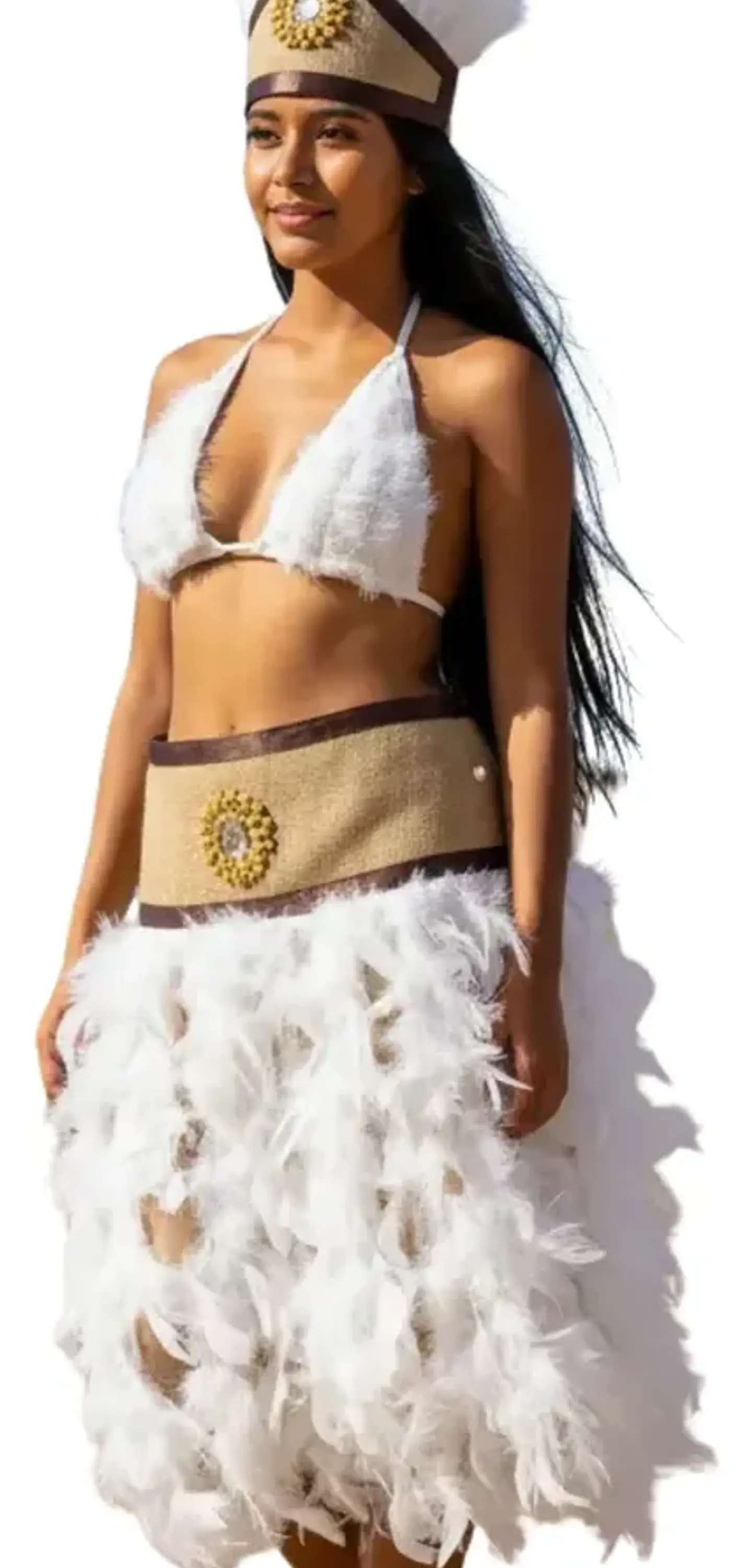 Traje Pascuense Mujer Rapa Nui con Plumas Blancas — Disfraz Folclórico Fiestas Patrias y Bailes (XS-XL) 2