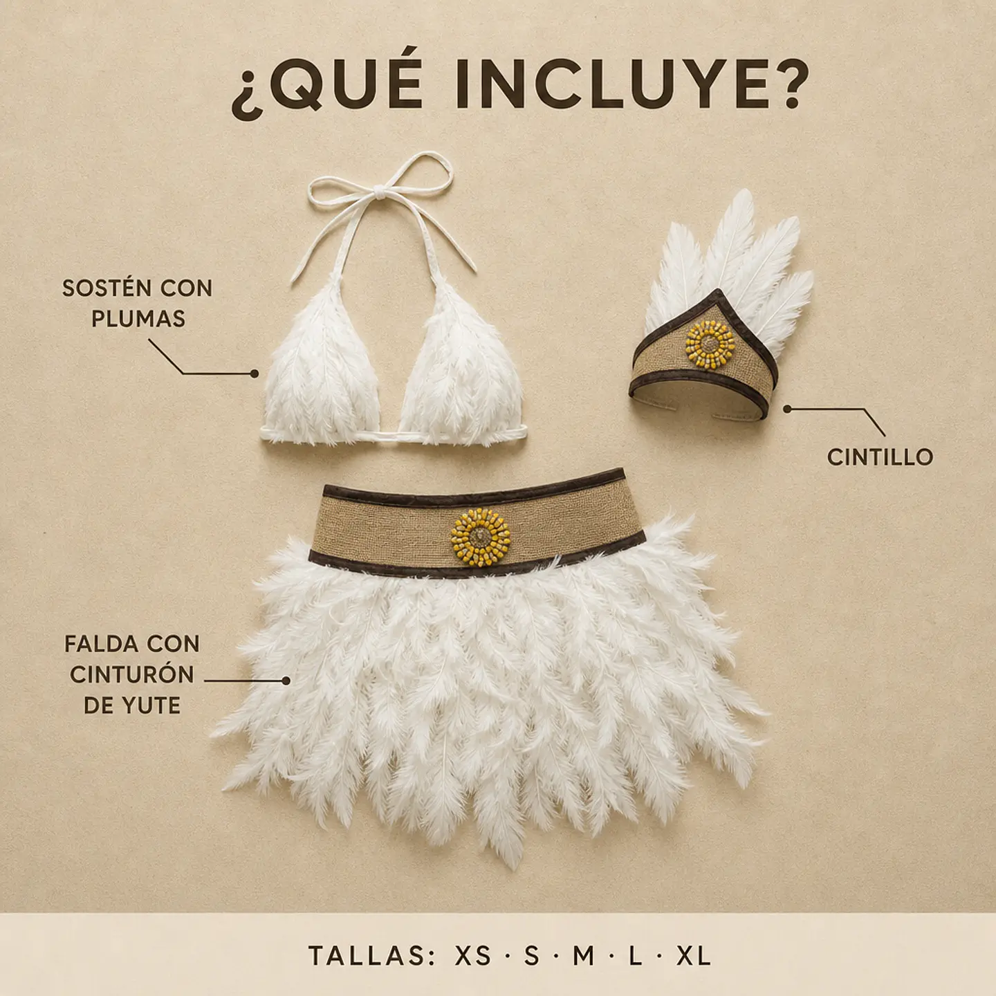 Traje Pascuense Mujer Rapa Nui con Plumas Blancas — Disfraz Folclórico Fiestas Patrias y Bailes (XS-XL) 4