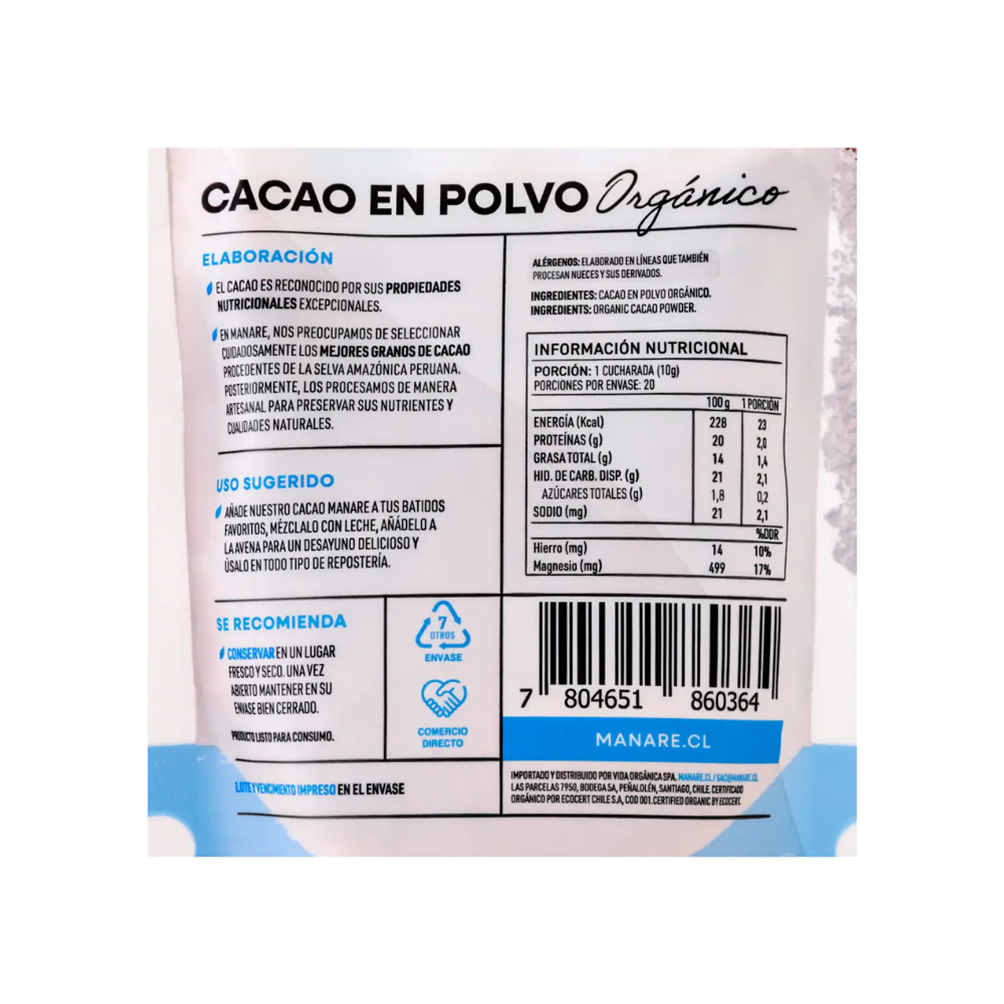 Cacao polvo 200 gr  Organico Manare  2