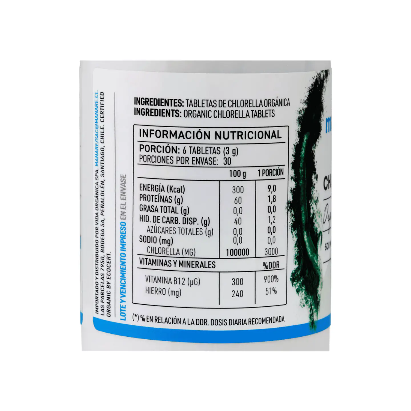 Chlorella organica tabletas 180 tabletas manare 2