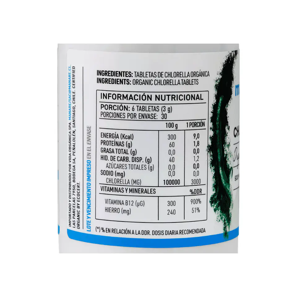 Chlorella organica tabletas 180 tabletas manare 2