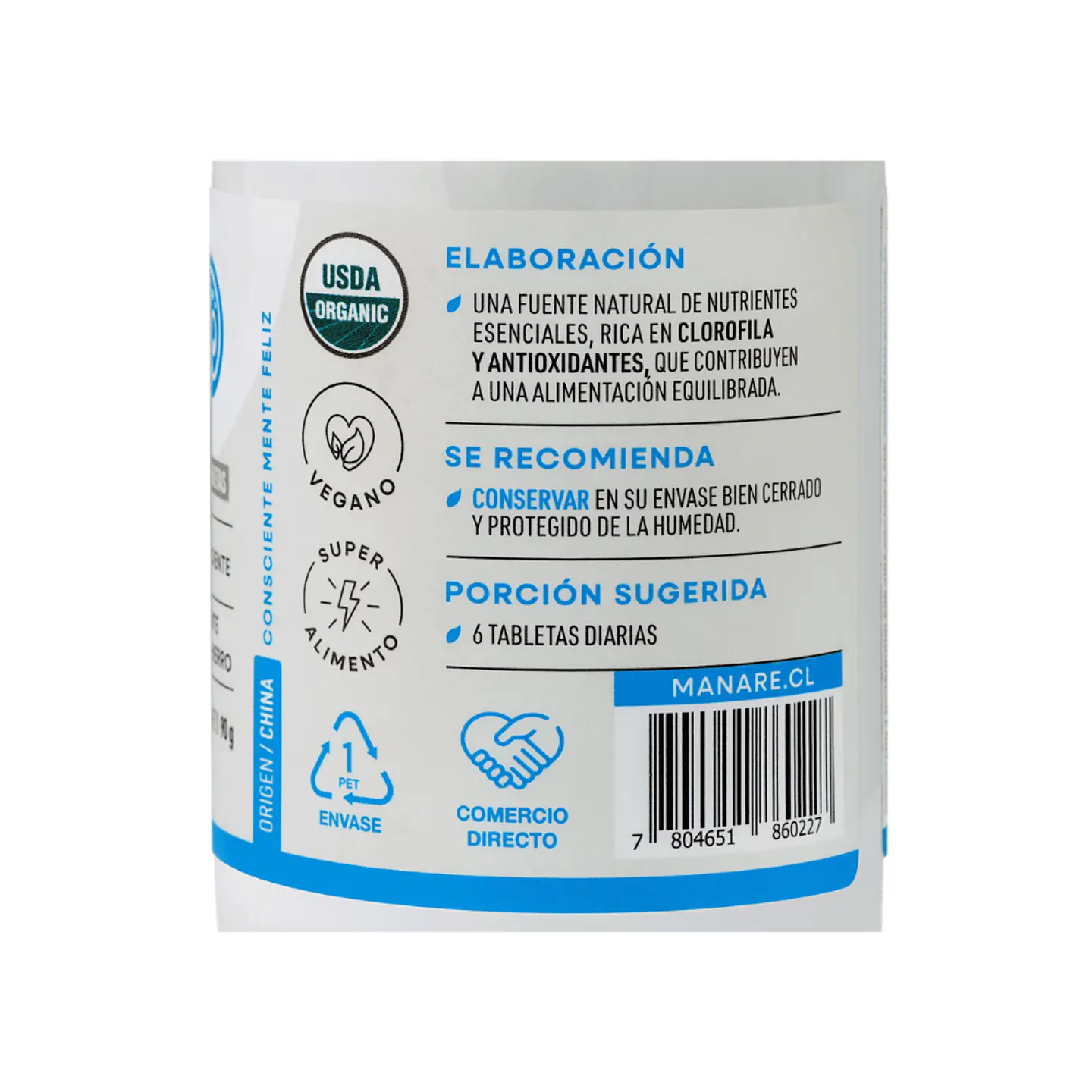 Chlorella organica tabletas 180 tabletas manare 3