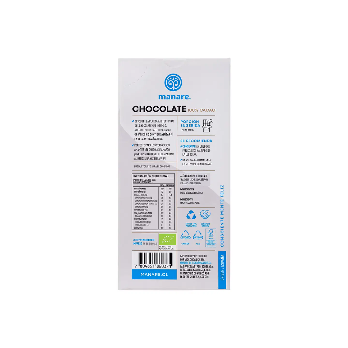 Chocolate 100 % cacao organico 100 gr Manare 2