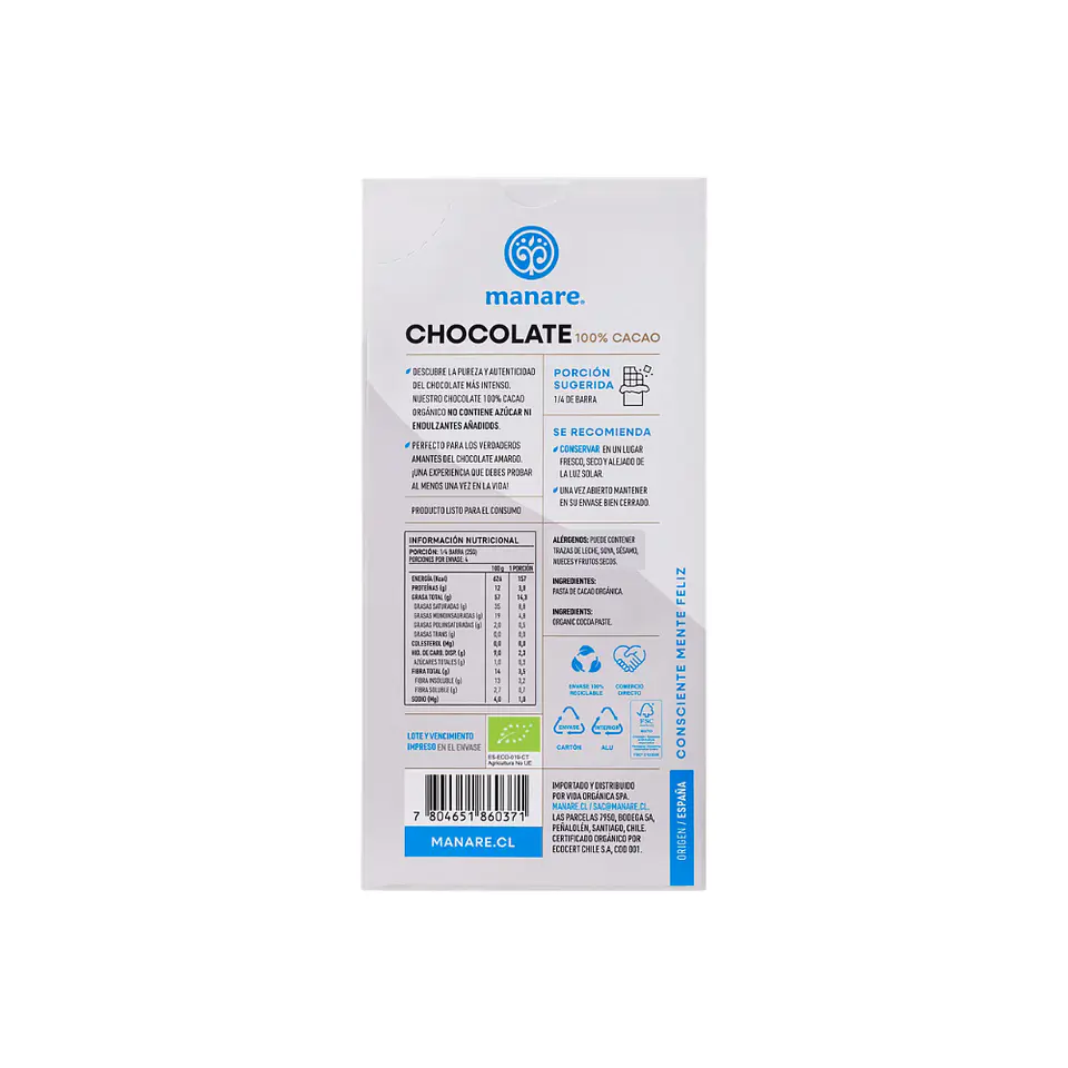 Chocolate 100 % cacao organico 100 gr Manare 2