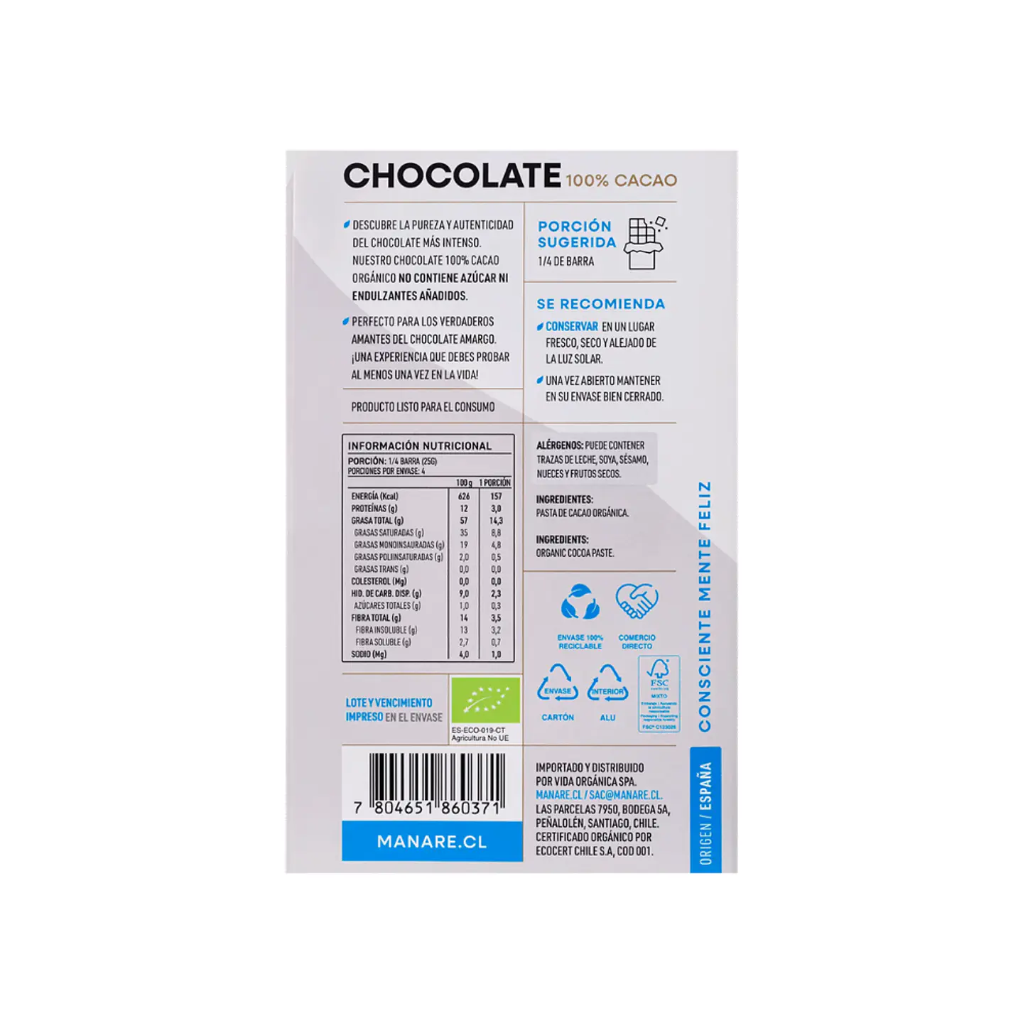 Chocolate 100 % cacao organico 100 gr Manare 3