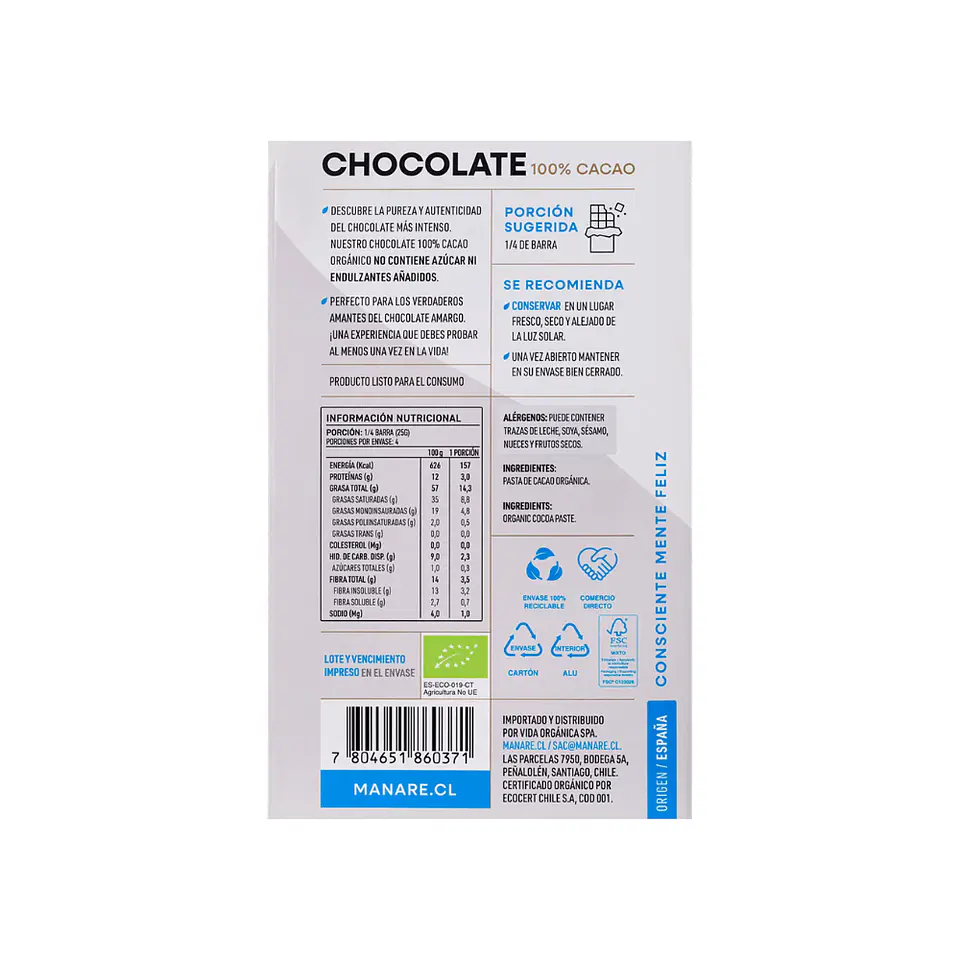 Chocolate 100 % cacao organico 100 gr Manare 3