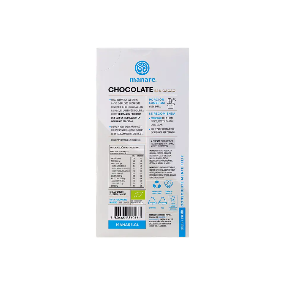 Chocolate 62 % cacao c/eritritol 100 gr  2