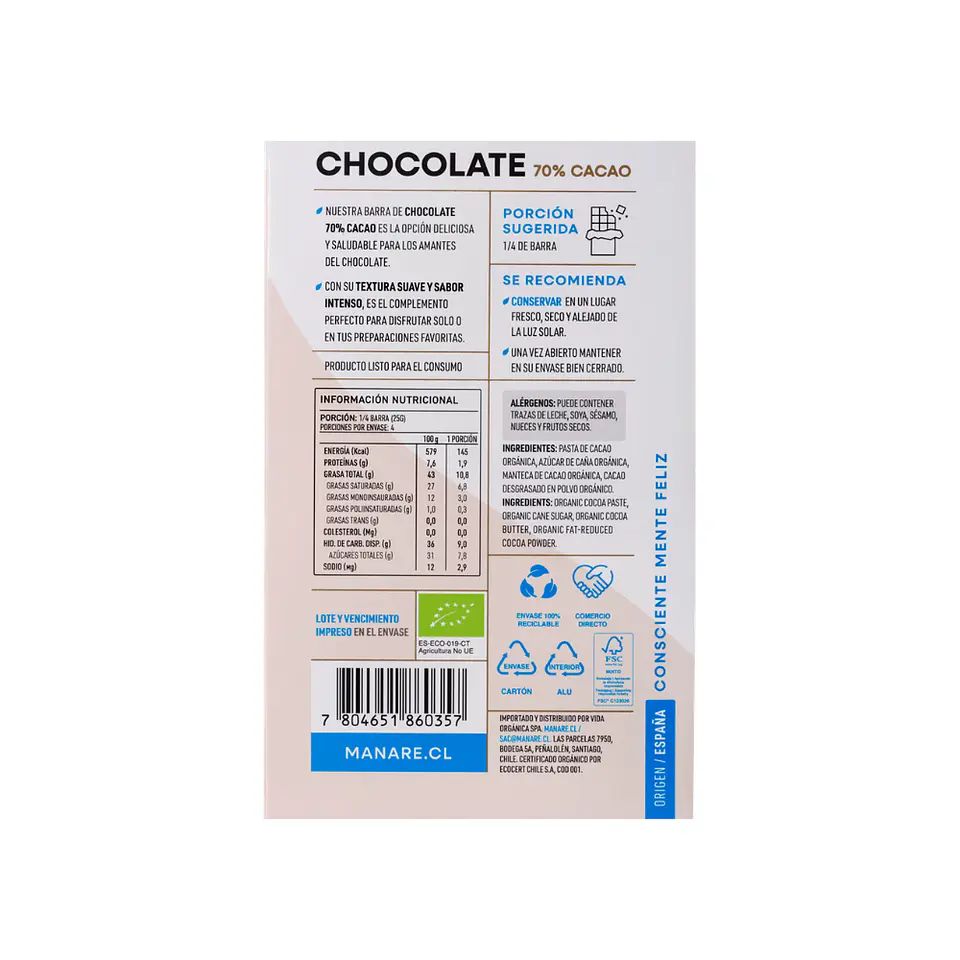Chocolate 70 % org 100 gr  3
