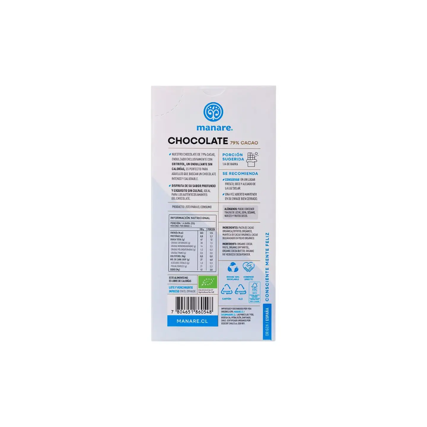 Chocolate 79% cacao c/eritritol 100 gr Manare 2