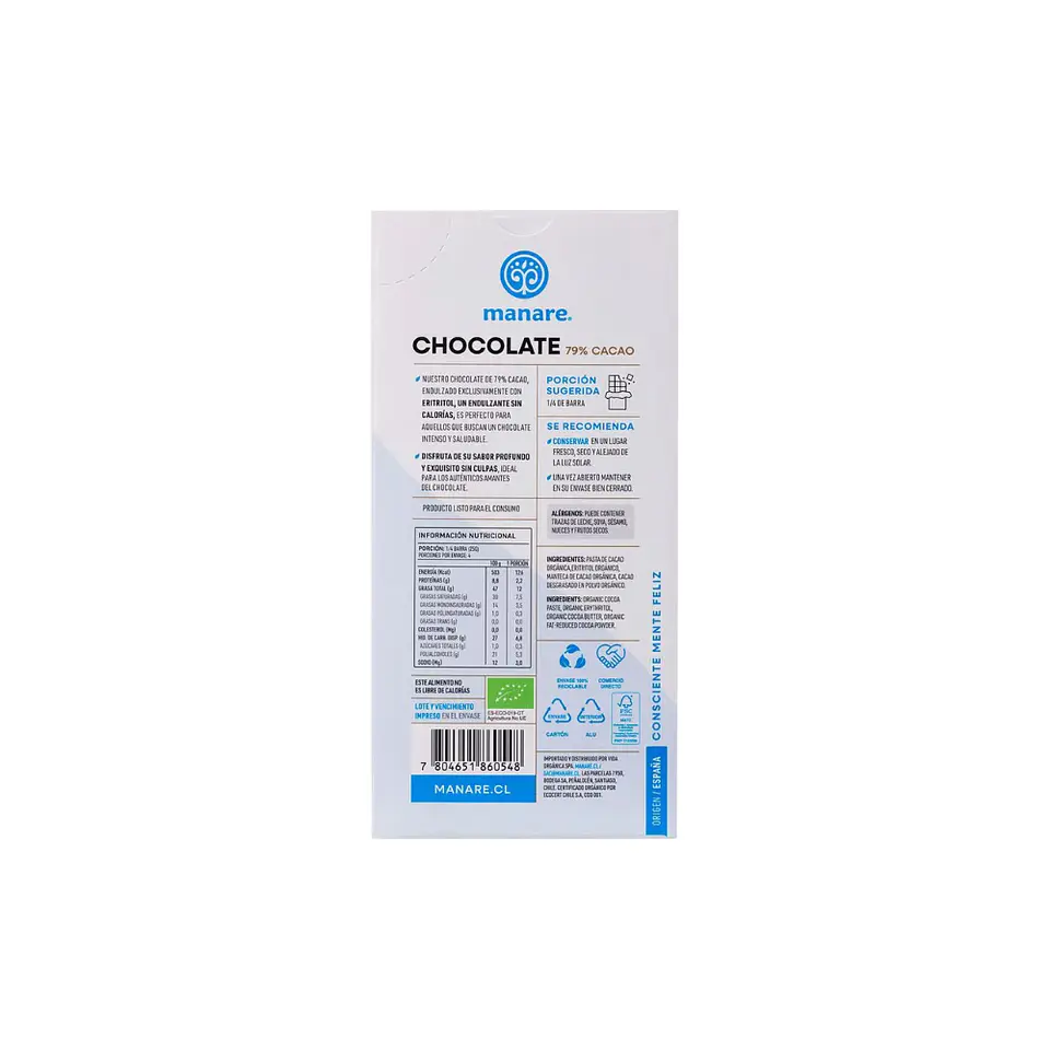 Chocolate 79% cacao c/eritritol 100 gr Manare 2
