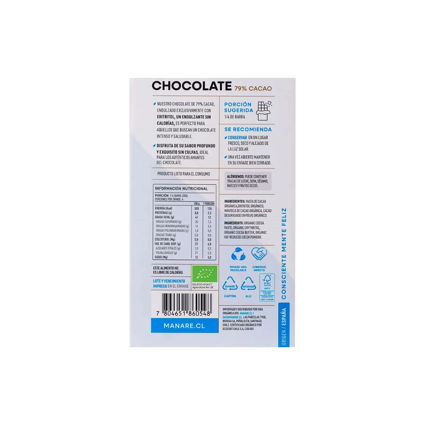 Chocolate 79% cacao c/eritritol 100 gr Manare 3