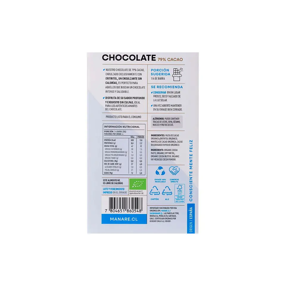 Chocolate 79% cacao c/eritritol 100 gr Manare 3