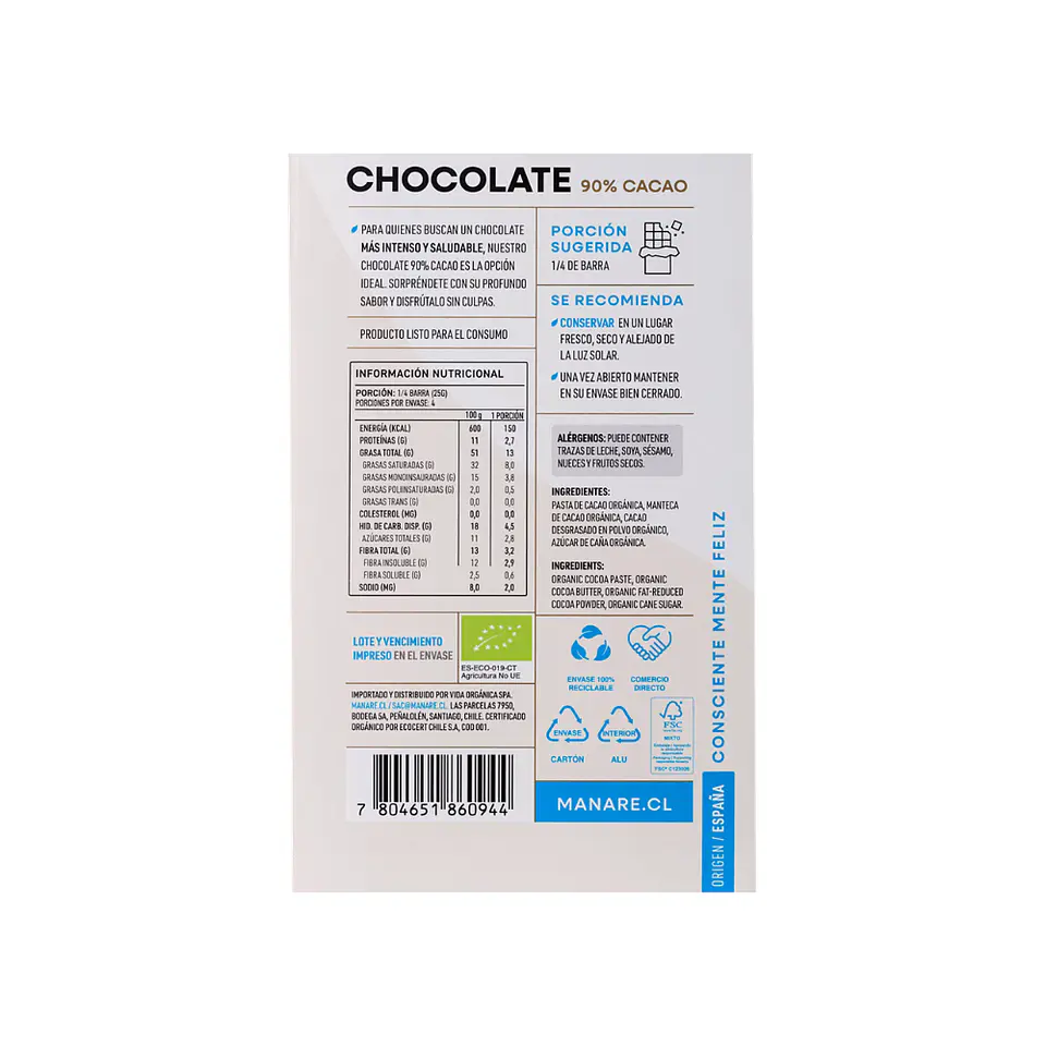 Chocolate 90 % org 100 gr Manare 2