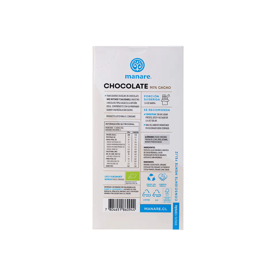 Chocolate 90 % org 100 gr Manare 3