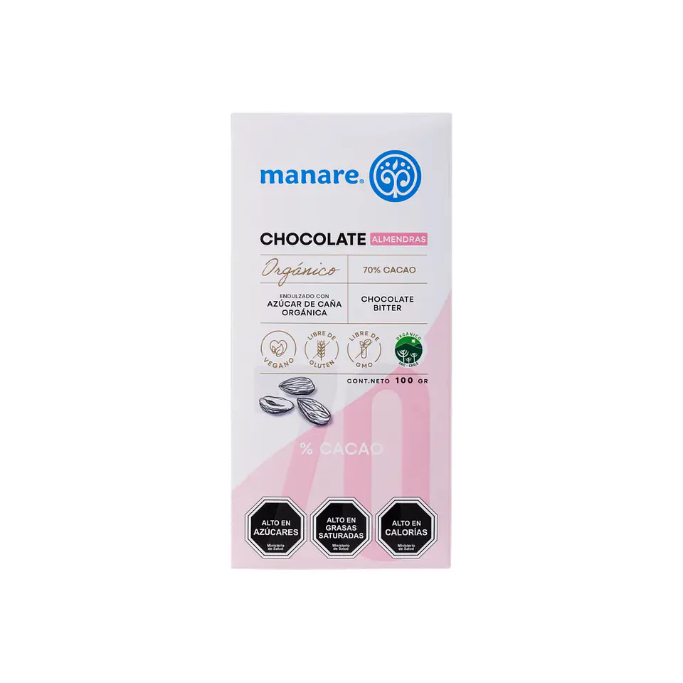 Chocolate almendra 70 % org 100 gr Manare 1