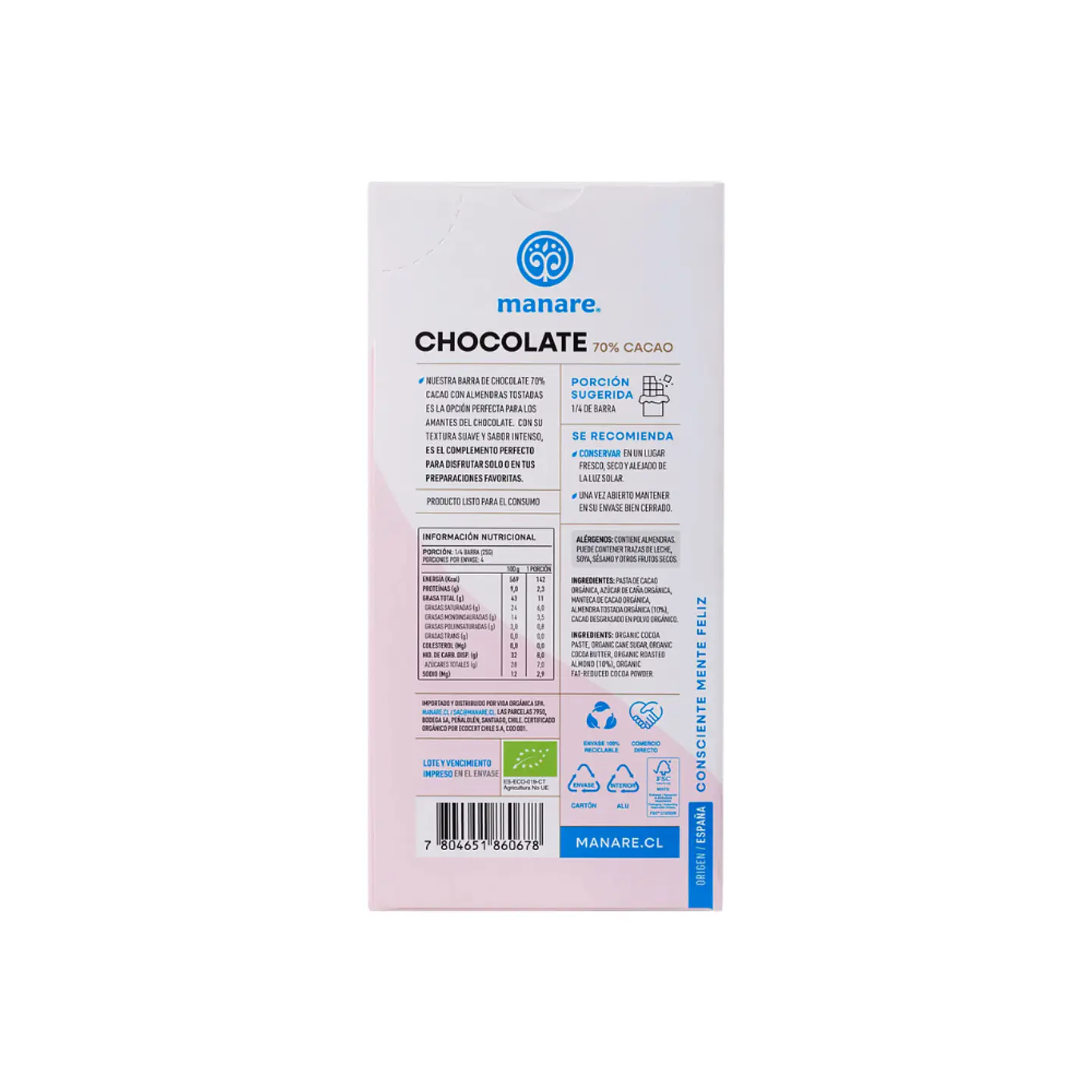 Chocolate almendra 70 % org 100 gr Manare 2