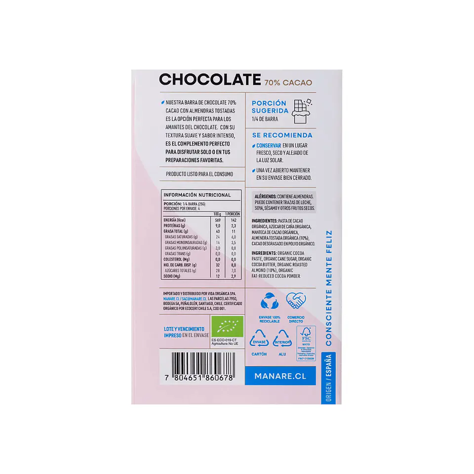 Chocolate almendra 70 % org 100 gr Manare 3