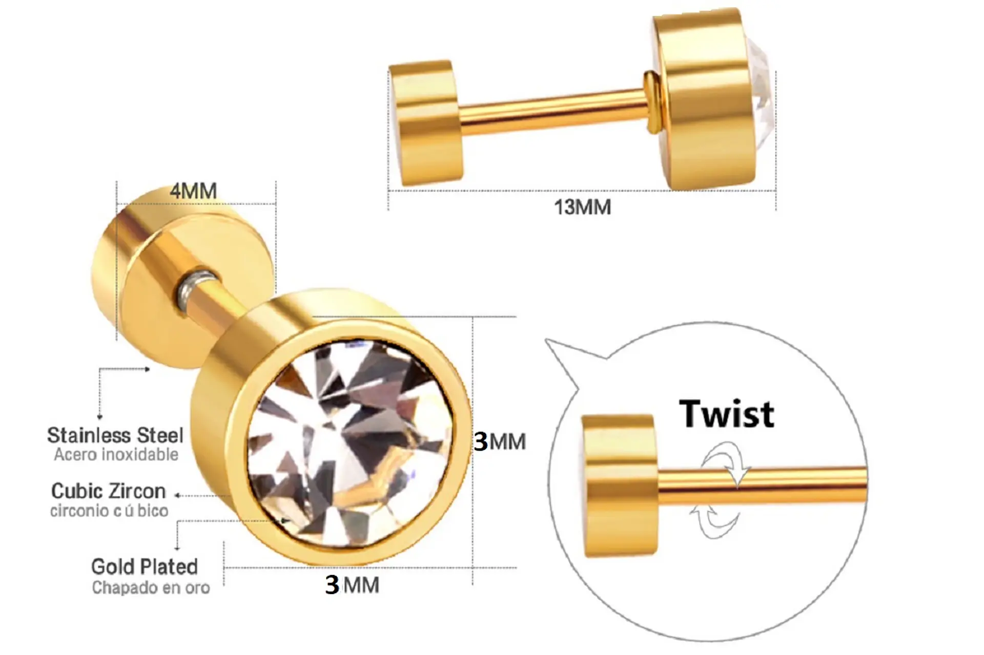 Punto de luz Acero Inoxidable Dorado o Plateado 3mm, 5mm o 7mm 2
