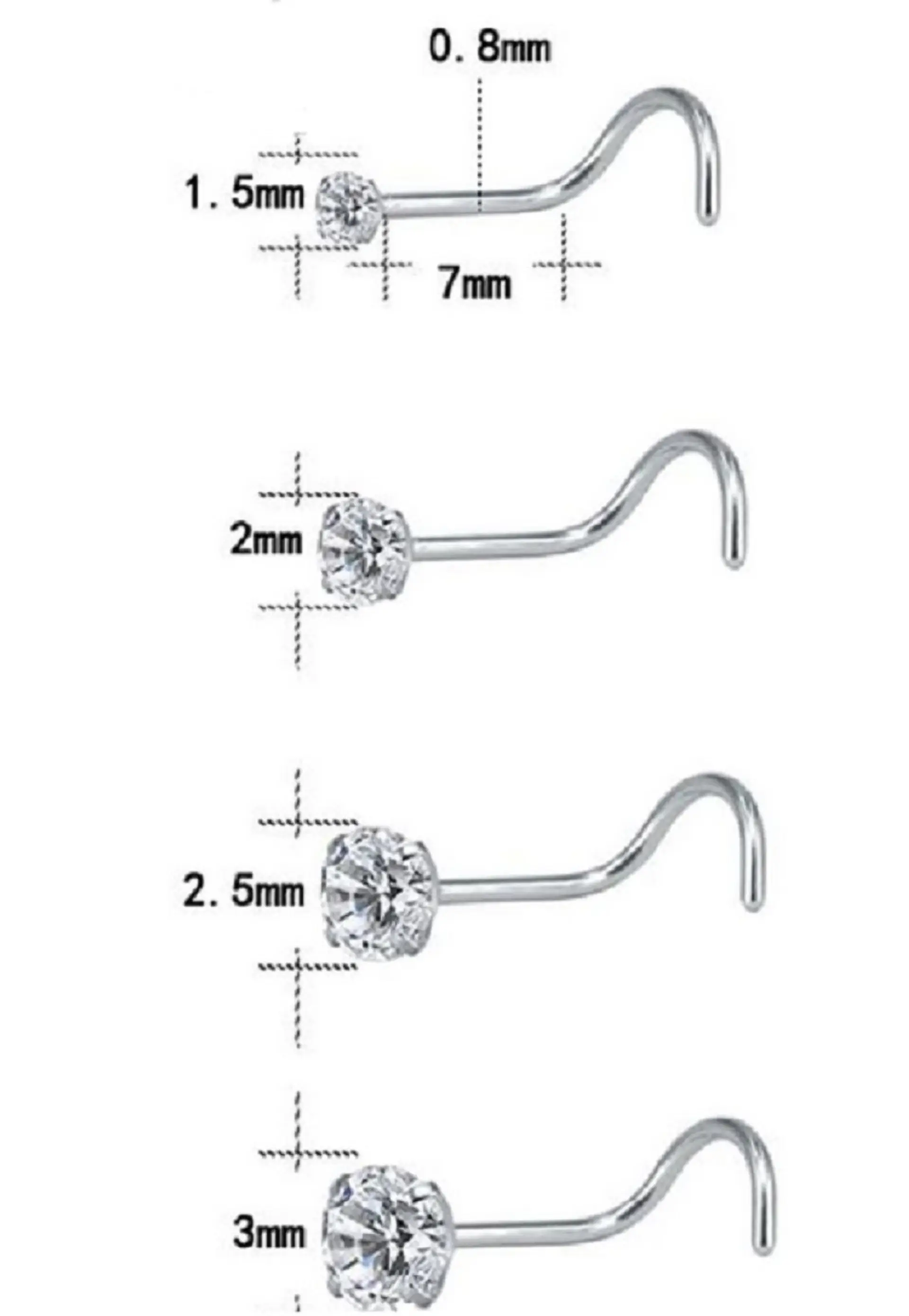Set (04) de piercing acero quirúrgico  zirconia nariz boca oreja tipo L o S 2