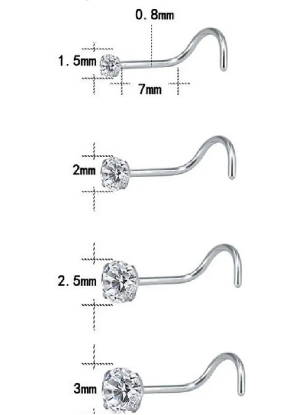 Set (04) de piercing acero quirúrgico  zirconia nariz boca oreja tipo L o S 2
