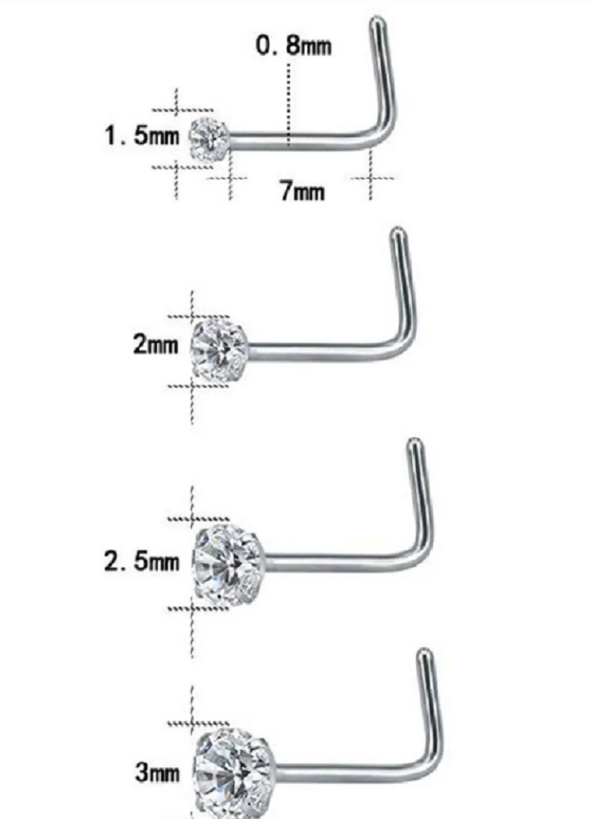 Set (04) de piercing acero quirúrgico  zirconia nariz boca oreja tipo L o S 10