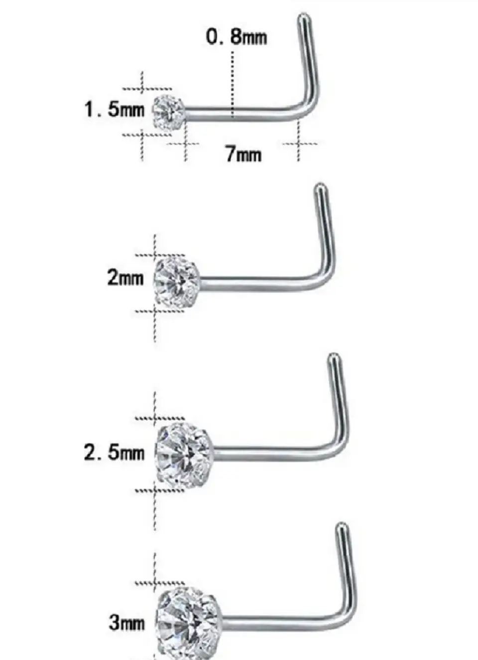 Set (04) de piercing acero quirúrgico  zirconia nariz boca oreja tipo L o S 10