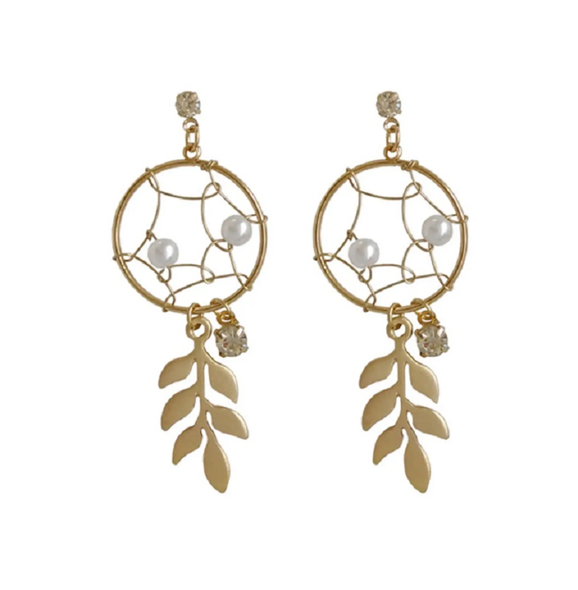 Aros aretes largos atrapa sueños zirconia perla dorados atrapasueños 1