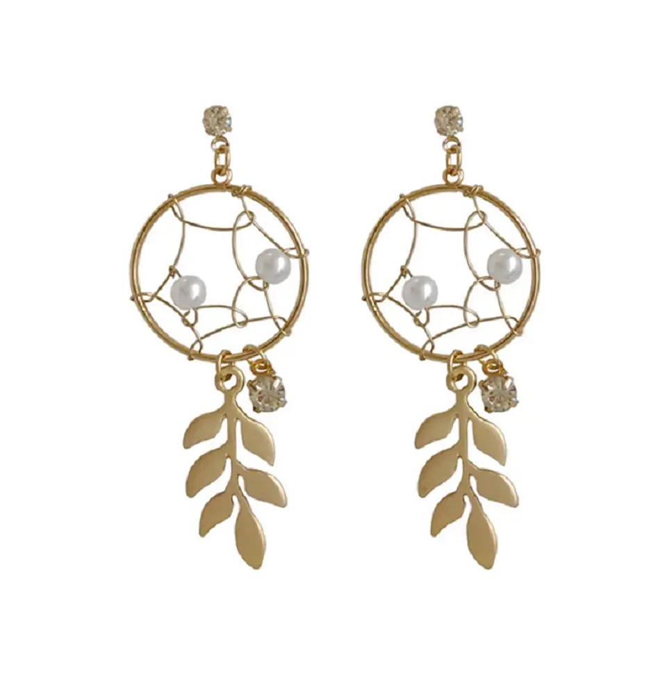 Aros aretes largos atrapa sueños zirconia perla dorados atrapasueños 1