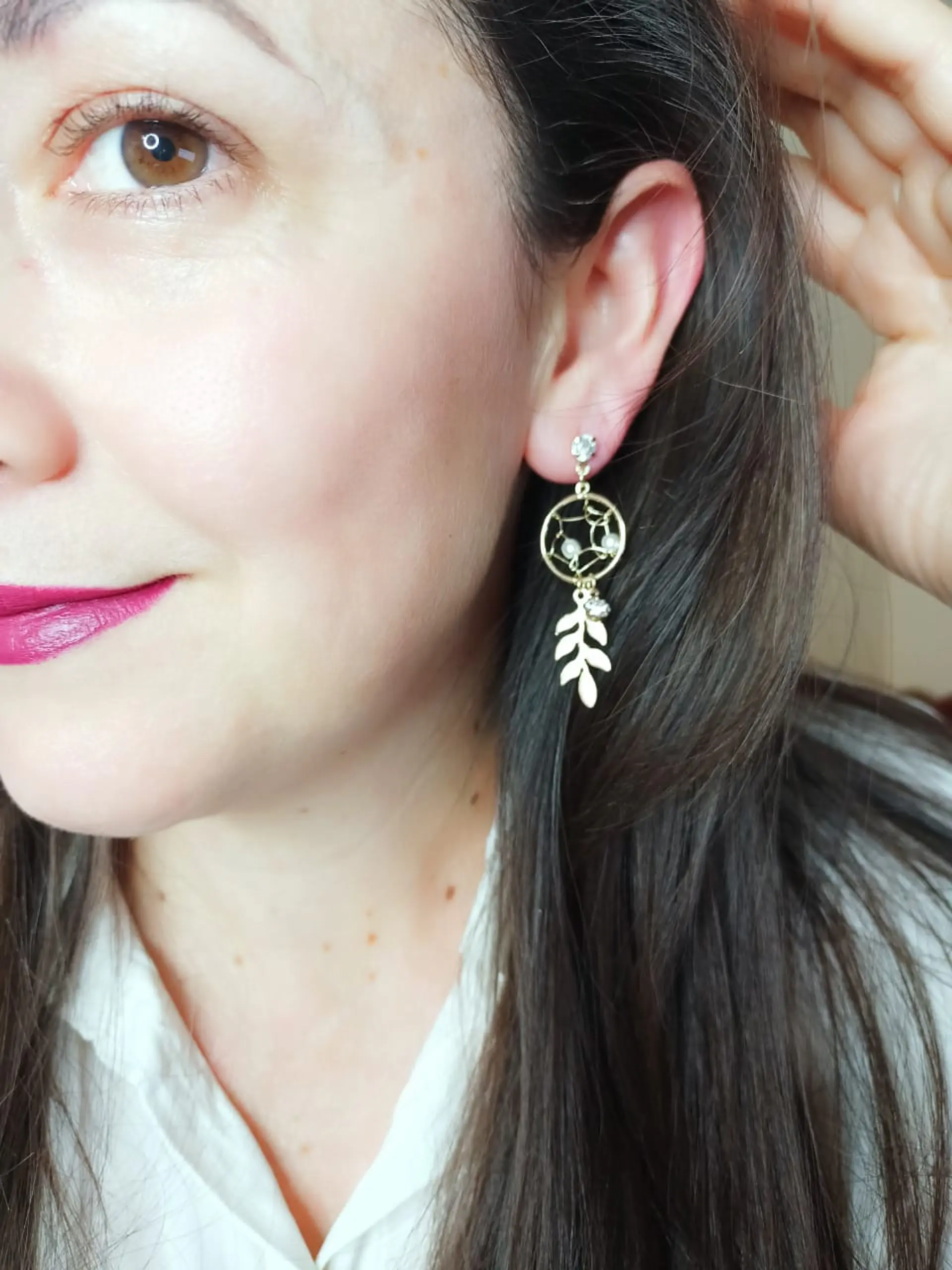 Aros aretes largos atrapa sueños zirconia perla dorados atrapasueños 2