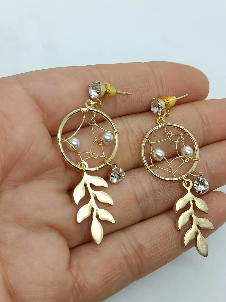 Aros aretes largos atrapa sueños zirconia perla dorados atrapasueños 4