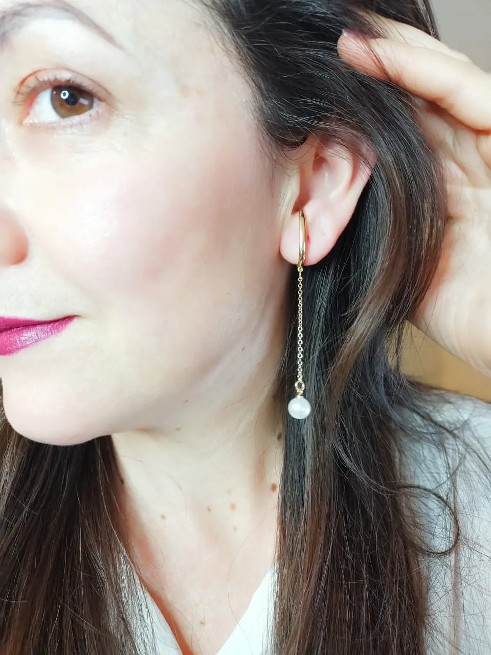Aros perla colgante earcuff sin perforaciones enchapado en oro 14k 2
