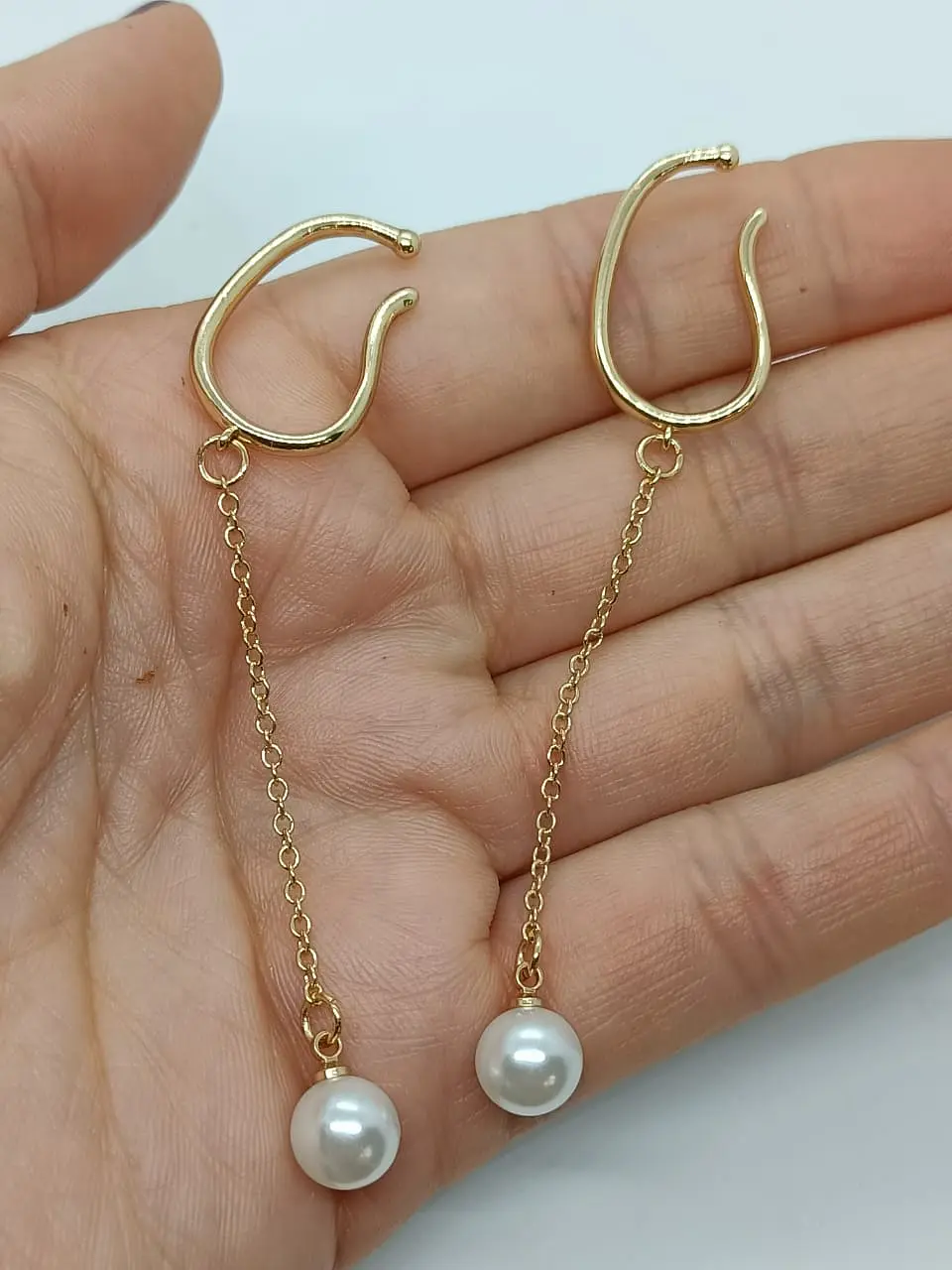 Aros perla colgante earcuff sin perforaciones enchapado en oro 14k 4