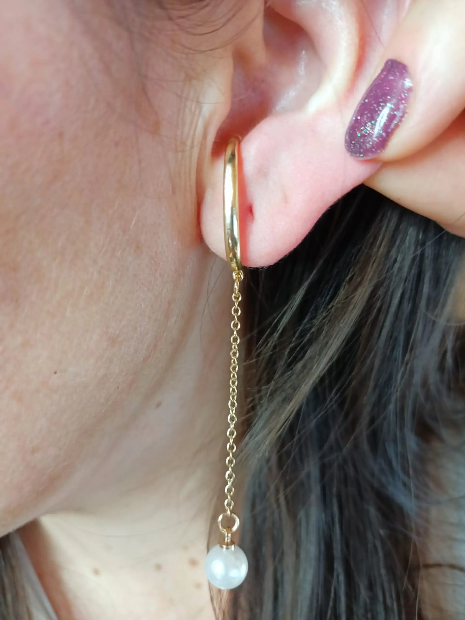 Aros perla colgante earcuff sin perforaciones enchapado en oro 14k 6