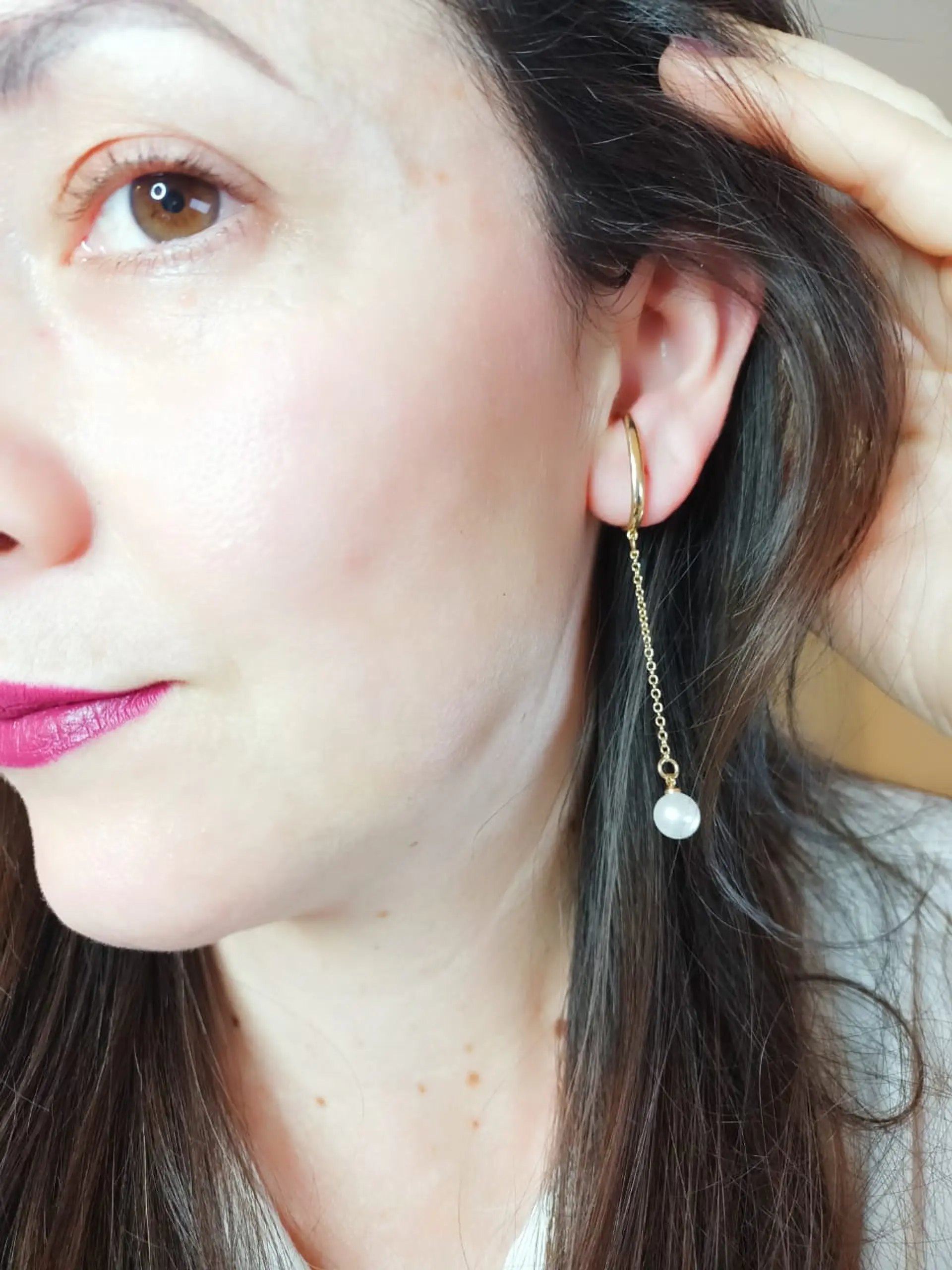 Aros perla colgante earcuff sin perforaciones enchapado en oro 14k 8