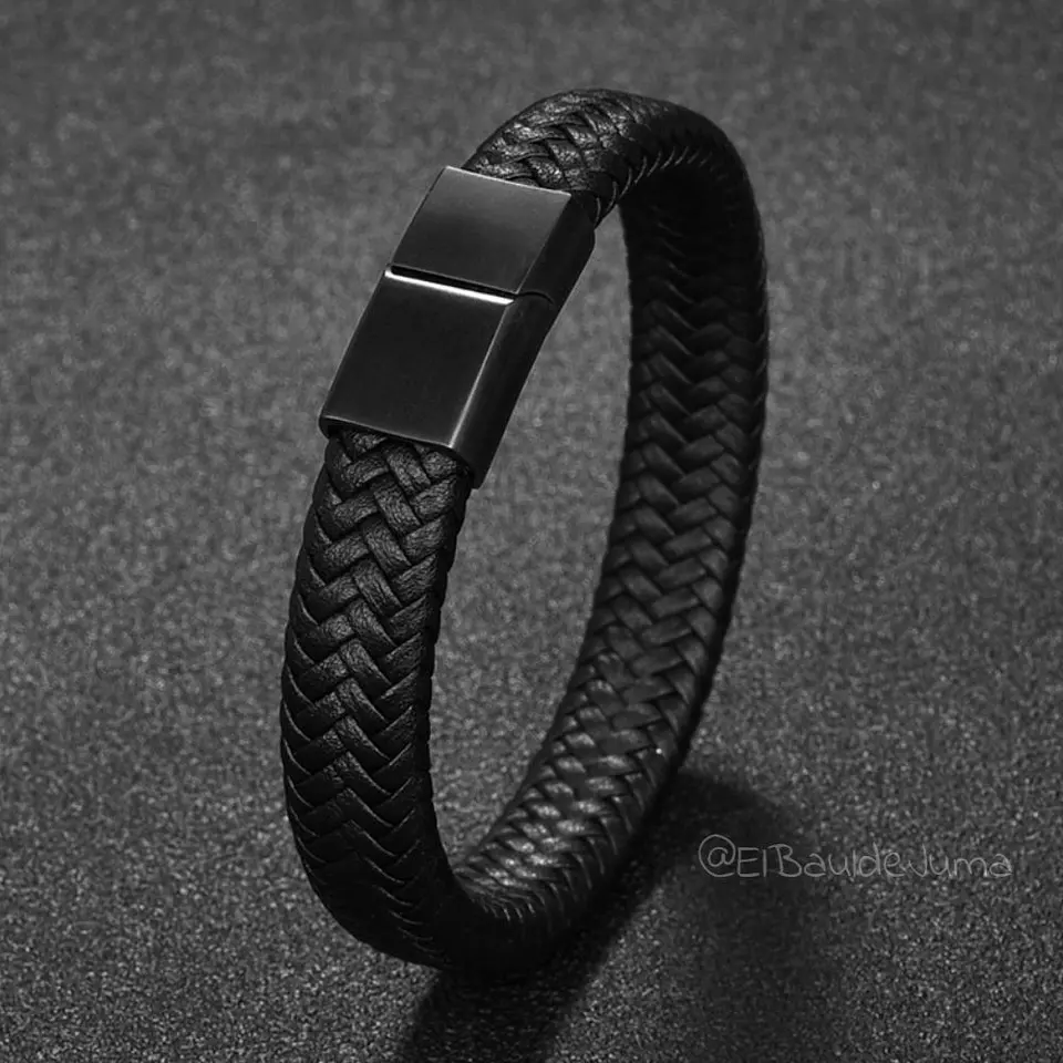 Pulsera De Cuero Negro Hombre Mujer Elegante Brazalete 5