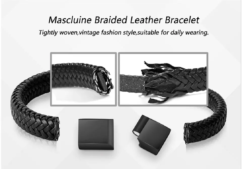 Pulsera De Cuero Negro Hombre Mujer Elegante Brazalete 7