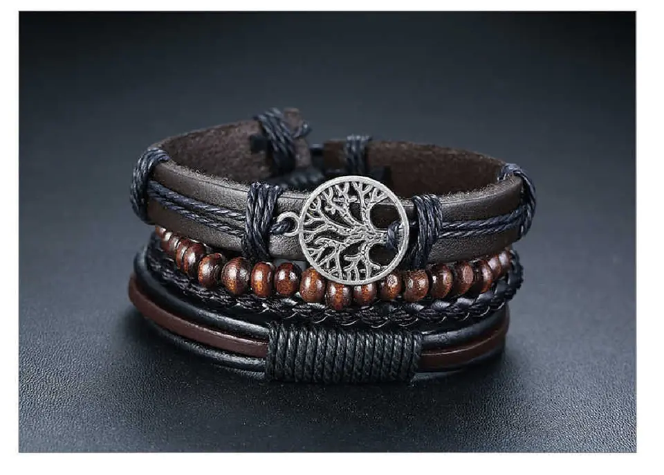 Set Pulseras Cuero Cuentas Madera Brazalete 4 En 1 Árbol Vida 2